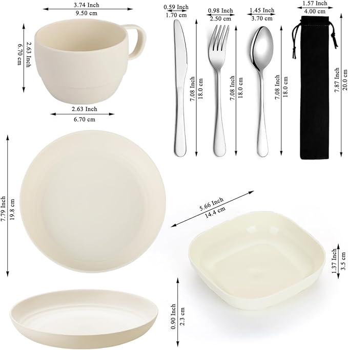 Camping Utensils Set, ReaNea Camping Plates and Bowls Set with Coffee Mug, Travel Cutlery Set Include Spoon, Fork, Knife for Home, Poolside, Outdoor, Picnic, Camp