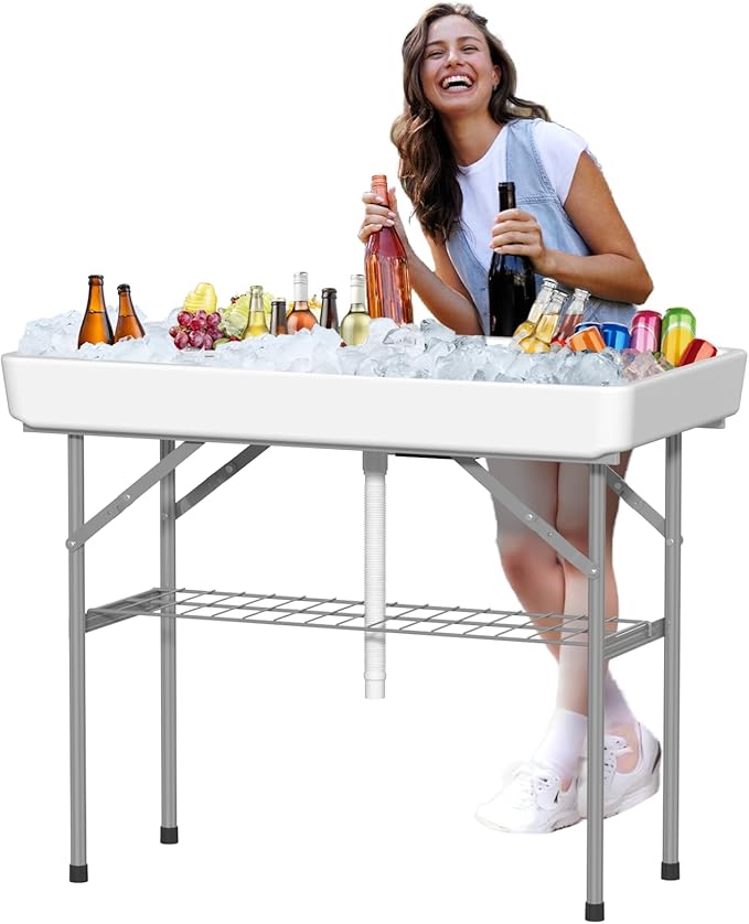 4 Foot Ice Cooler Table, Outdoor Cooler Table with Removable Matching Skirt and Shelf, Folding Ice Tables for Party, BBQ, Camping, Picnic, Fishing Cleaning Tables