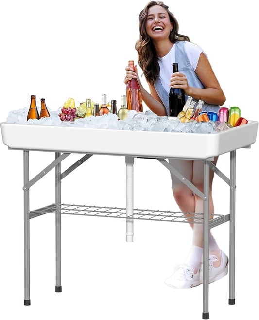 4 Foot Ice Cooler Table, Outdoor Cooler Table with Removable Matching Skirt and Shelf, Folding Ice Tables for Party, BBQ, Camping, Picnic, Fishing Cleaning Tables