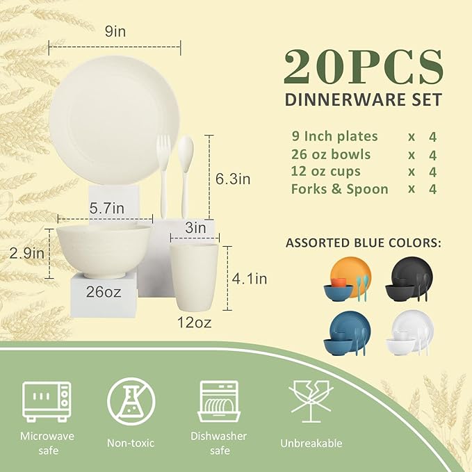 Wrova Wheat Straw Dinnerware Sets of 20,Dishwasher Safe Kitchen Plates and Bowls Sets,Camping Dishes Sets Contains Dinner Plates,Cereal Bowls,Drinking Cups and Flatware.(Beige)