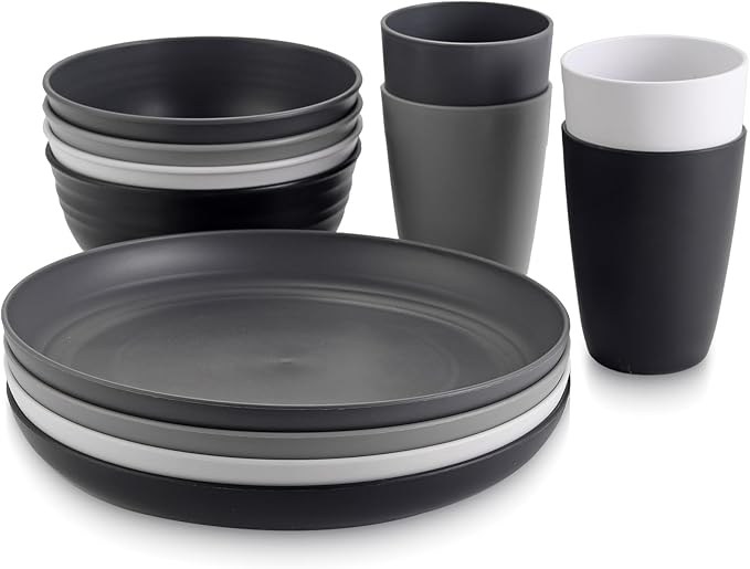 Anbte Plastic Camping Plates and Bowls Set, 12pcs Unbreakable Camping Dinner Set for 4, Reusable, Microwave & Dishwasher Safe Dinner Set, for Kitchen Outdoor Travel Picnic
