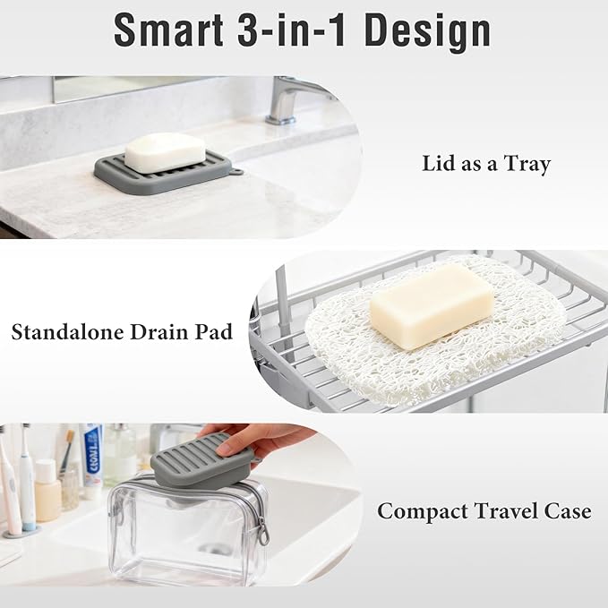 Silicone Travel Soap Case, Leak-Proof Bar Soap Container with Drain Tray, Portable Travel Soap Dish with Lid for Hiking, Gym, Camping, and Portable Toiletries Accessories (Grey)