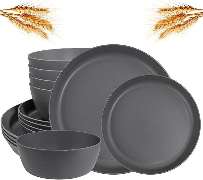 EI 12pcs Wheat Straw Dinnerware Set of 4,Kitchen Plates and Bowls,Reuasble Plates,Unbreakable Dinner Plate,Hard Premium Plastic Plate for Camping,Picninc,Halloween