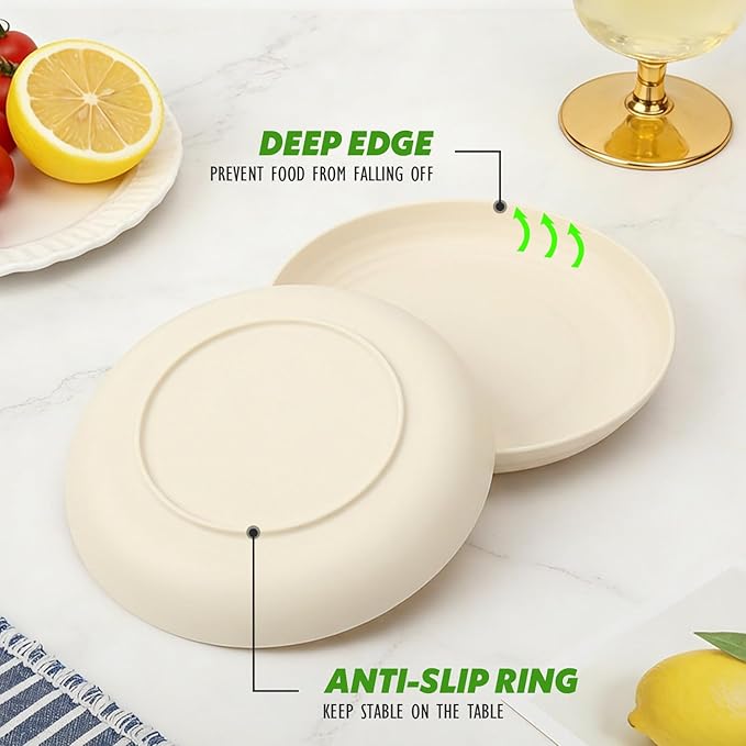 Wheat Straw Salad Plates 8 Inch Set of 6, Unbreakable & Lightweight Dinner Plates, Plastic Plates Reusable, Microwave and Dishwasher Safe for Kitchen, Camping, Beige