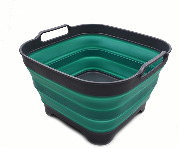 SAMMART 10L (2.64 Gallon) Collapsible Dishpan with Draining Plug - Foldable Washing Basin - Portable Dish Washing Tub - Space Saving Kitchen Storage Tray (1, Grey/Turquoise Blue)