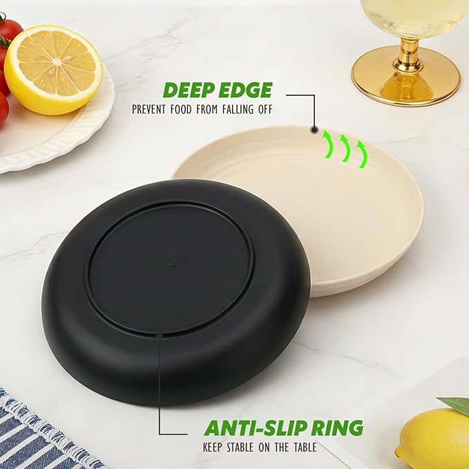 8 Inch Small Plates Set of 6, Wheat Straw Unbreakable Deep Plates, Reusable Plastic Plate for Appetizer, Microwave Dishwasher Safe Salad Plate, Ideal for Family, Camping, RV, Grey Stone