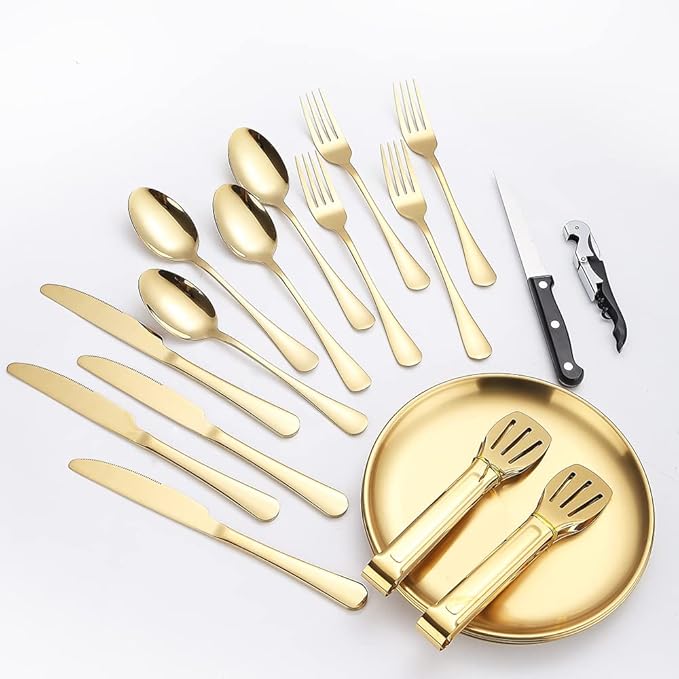Picnic Dishes Utensils Gold Camping Flatware Set for 4 Portable Dinnerware Plates Silverware Forks Spoons knives Bottle Opener Food Tongs Complete Kit with Zipper Bag