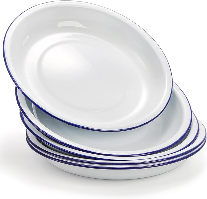 Dicunoy Set of 5 Enamel Plates, 9.5" Unbreakable Enamelware Dinner Serving Platter Trays, Retro White Round Shallow Bowls with Blue Rim for Pasta, Salad, Camping, Outdoor, Picnic, BBQ