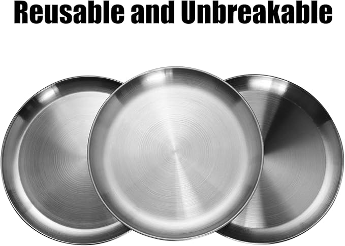 CAMBUY Stainless Steel Plates 10 inch Metal Lightweight Unbreakable Dinner Dishes Plates Set Non-Toxin Dishwasher Safe BPA Free and Healthy (4 Pcs)