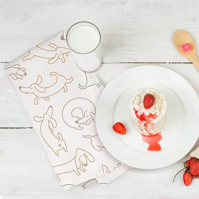 2PCS Cute Dachshund Kitchen Towels, Dog Mom Gifts for Women Reusable Absorbent Waffle Weave Dish Tea Towels for Cleaning, Microfiber Kitchen Towel, Weiner Dog Gifts for Women Dogs Lovers Friend