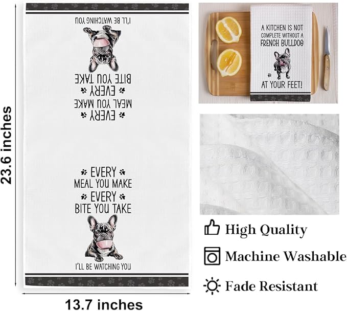 2Pcs Funny French Bulldog Dish Towels, Funny Frenchie Waffle Weave Kitchen Towels, French Bulldog Decorative Hand Tea Towels for Bathroom Kitchen Gifts for Women Dog Lovers