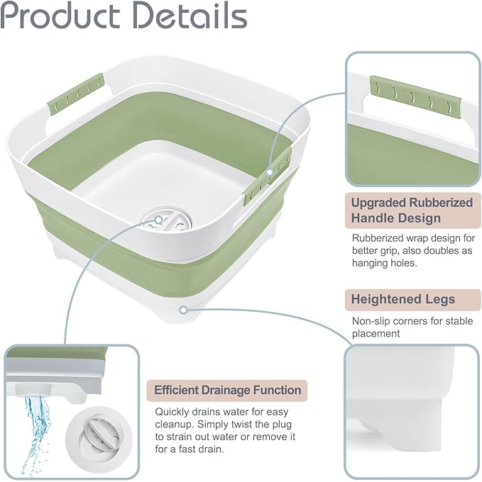 Collapsible Dish Basin with Drain Plug, 2.4 Gal 9L Foldable Wash Basin, Portable Sink Tub for Kitchen, Baby Bottles, Camping, RV, Vegetable Washing and Beverage Tub, Green