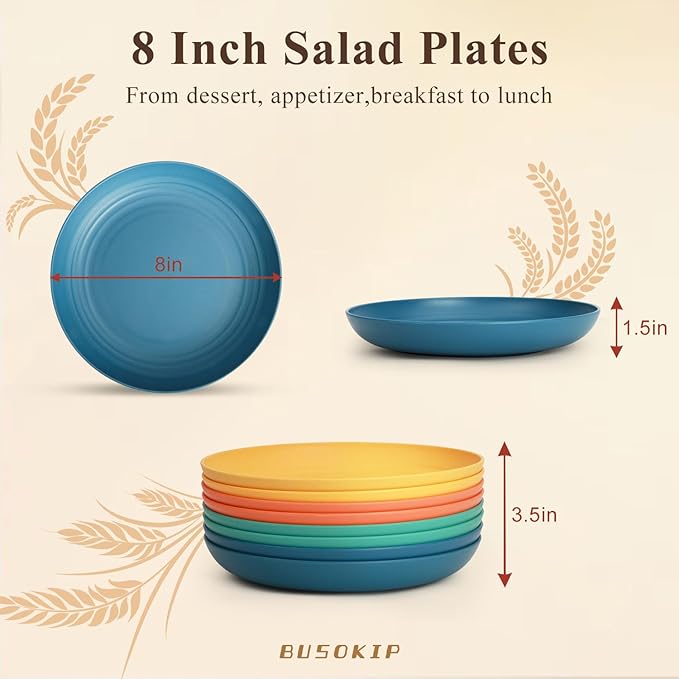 Wheat Straw Plate 8 Inch, Unbreakable Dinner Plates Sets for 8, Plastic Plates Reusable, Microwave and Dishwasher Safe Kitchen Plate for Cake, Dessert, Side Salad - Multi
