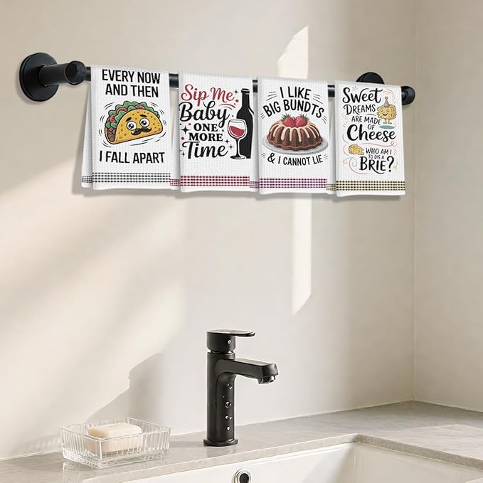 4PCS Funny Kitchen Towel, Cute Decorative Dish Towels Sets, Absorbent Waffle Hand Towels, Housewarming Gifts for New Home, Women, Mom, Funny House Warming Presents, Hostess Gifts