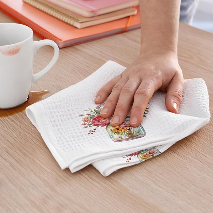2PCS Watercolor Rose Kitchen Towels, Flower Vase Glass Waffle Weave Dish Tea Hand Towels for Home, Dinner Party, Wedding Gift, Home Decor, Housewarming Farmhouse Gifts for Women Friend
