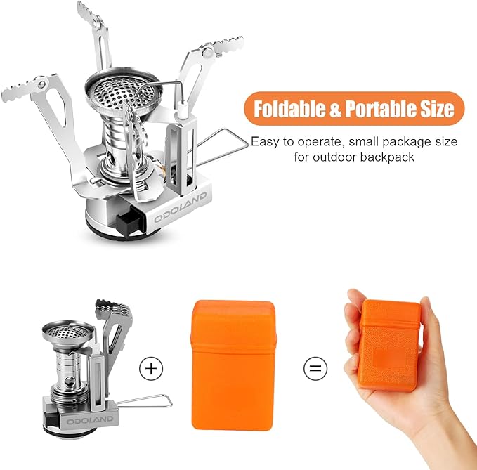 Odoland 8pcs Camping Cookware Mess Kit, Camping Pot and Pan Set with Mini Backpacking Stove, Stainless Steel Cup, Spork and Tank Bracket, Cooking Gear for Outdoor, Hiking, Picnic, Campfire