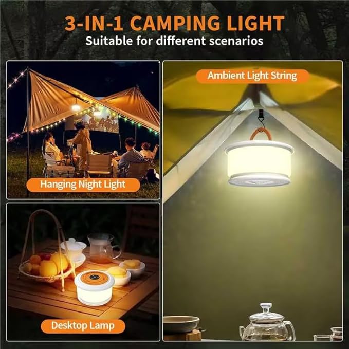 TOHETO Camping String Lights, 3 in 1 Upgraded Retractable RGB Outdoor String Lights with 19 Lighting Modes,Quick 30s Recovery, 32.8 FT Portable Tent Lights, Rechargeable Camping Lantern (White&Orange)