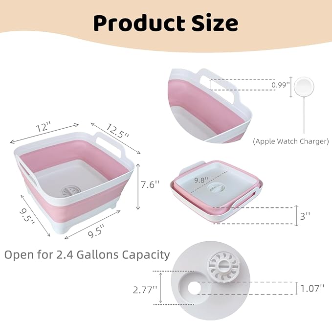 GIMWA Collapsible Wash Basin for Baby Bottles - 2.4 Gallons Portable Wash Bin for RV Camping Sink, Space-Saving Dish Tub (Pink)