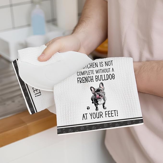 2Pcs Funny French Bulldog Dish Towels, Funny Frenchie Waffle Weave Kitchen Towels, French Bulldog Decorative Hand Tea Towels for Bathroom Kitchen Gifts for Women Dog Lovers