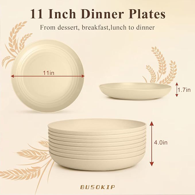 Large Dinner Plates Set for 8, Wheat Straw Plate 11 Inch, Unbreakable & Lightweight Serving Plates, Microwave & Dishwasher Safe Big Plate for Restaurant, Camping, Kitchen - Beige