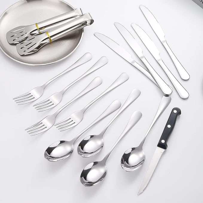 Camping Silverware Silver Picnic Plates and Utensils Set for 4 Portable Tableware Stainless Steel Dinnerware 20 Pieces With Organizer Bag Reusable Durable