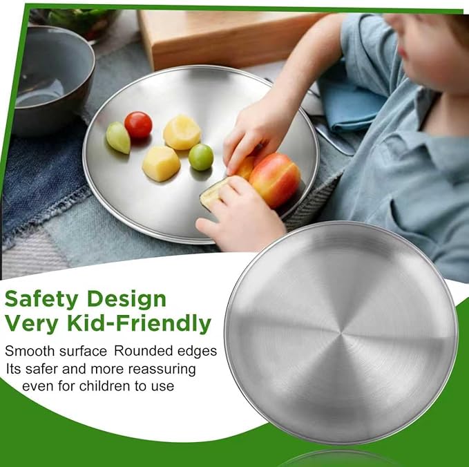 Stainless Steel Plates,2 PCS 10 inch Round Metal Food Serving Plates, Dinner Plates for Outdoor Camping Hiking, Party Serving, Feeding,Non Toxic & Reusable, Dishwasher Safe