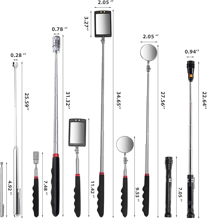 VIBELITE Telescoping Magnetic Pick Up Tool with 1lb& 15lb Pickup Rod, Round& Square 360 Swivel Adjustable Inspection Mirror, Flexible LED Flashlight, Gifts for Men, Women, Him, Birthday Gifts for Men