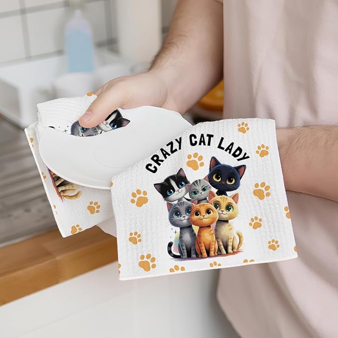 2PCS Cute Cat Kitchen Towels, Cat Themed Gifts Reusable Absorbent Waffle Weave Dish Tea Towels for Cleaning Cooking Baking, Cats Lovers Gifts for Women Microfiber Kitchen Towel, Housewarming Gift-2