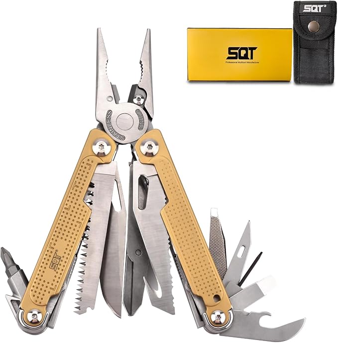 SQT2048 20-in-1 Multitool, Foldable & Self-Locking, Professional Tool for DIY, Home Repairs, Outdoor Camping – Must-Have Gifts for Men, Compact, Durable, All-in-One Tool for Every Task, Gold