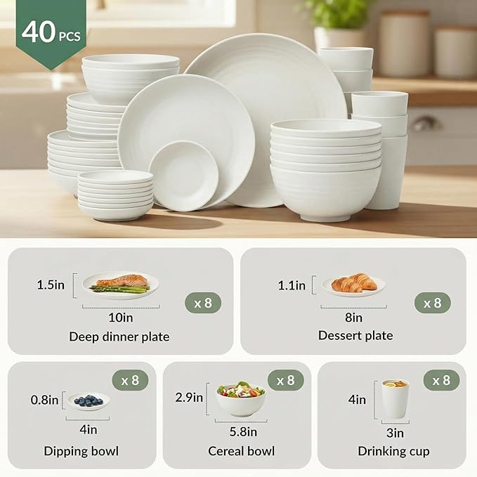 Homienly 40 PCS Kitchen Dinnerware Sets, Wheat Straw Plates and Bowls Sets, Unbreakable Dishes Set for Camping, Picnic, Microwave and Dishwasher Safe, Plates, Bowls, Cups, Service for 8 (White)