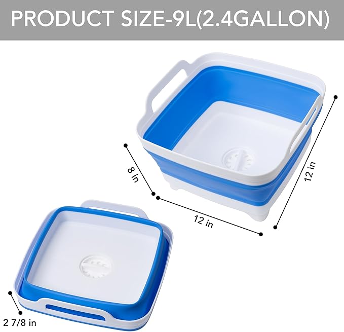 Tiawudi Dishpan for Washing Dishes, 2.4Gal/9L Wash Basin with Draining Plug Carry Handles, Collapsible Bucket for Cleaning, Portable Sink, Foldable Plastic Tub, 1PC