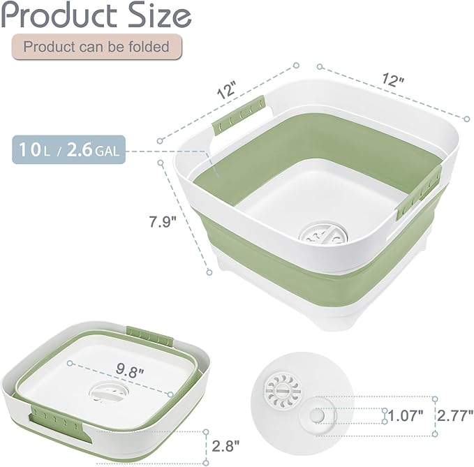 Collapsible Dish Basin with Drain Plug, 2.4 Gal 9L Foldable Wash Basin, Portable Sink Tub for Kitchen, Baby Bottles, Camping, RV, Vegetable Washing and Beverage Tub, Green