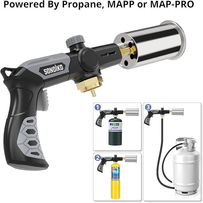 Sondiko Powerful Grill & Cooking Propane Torch L8010, 2 Pack, Sous Vide, Campfire Starter, Adjustable Wood Torch Burner for Searing Steak, BBQ, Welding(Black, Grey) Propane Tank Not Included