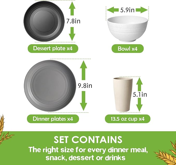 Teivio 16-Piece Kitchen Plastic Wheat Straw Dinnerware Set, Service for 4, Dinner Plates, Dessert Plate, Cereal Bowls, Cups, Unbreakable Plastic Outdoor Camping Dishes, Stone