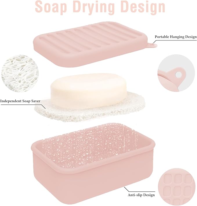 2PCs Silicone Travel Soap Case, Leak-Proof Bar Soap Container with Drain Tray, Portable Travel Soap Dish with Lid for Hiking, Gym, Camping, PortableToiletries Accessories (PinkBlue)