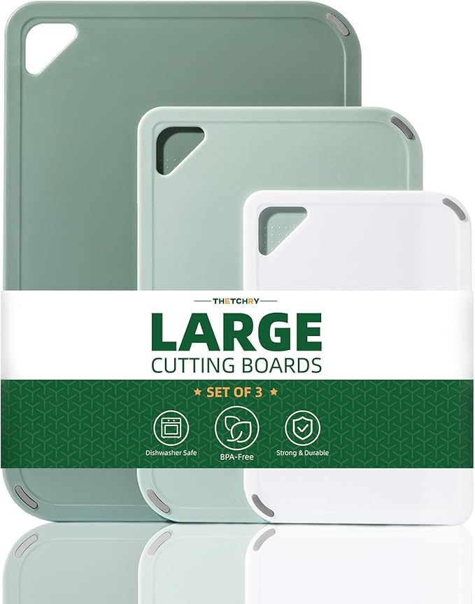 THETCHRY Plastic Cutting Board Set of 3-Cutting Boards for Kitchen BPA Free, Large-Small Chopping Boards Non-Slip for Cooking Camping Dishwasher Safe, Reversible, with Grip Handle, 15"×10"×0.25" Green