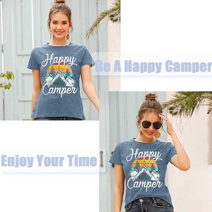 Happy Camp T-Shirt Women Hiking Mountain Adventure Novelty Workout Funny Saying Cute Graphic Athletic Shirt