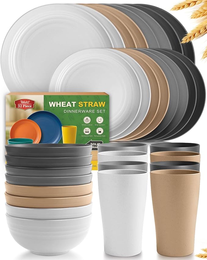 Teivio 32-Piece Kitchen Plastic Wheat Straw Dinnerware Set, Service for 8, Unbreakable Plates, Bowls and Cups Set, Farmhouse Outdoor Camping Dishes for Rustic Life/Country/Vintage, Country
