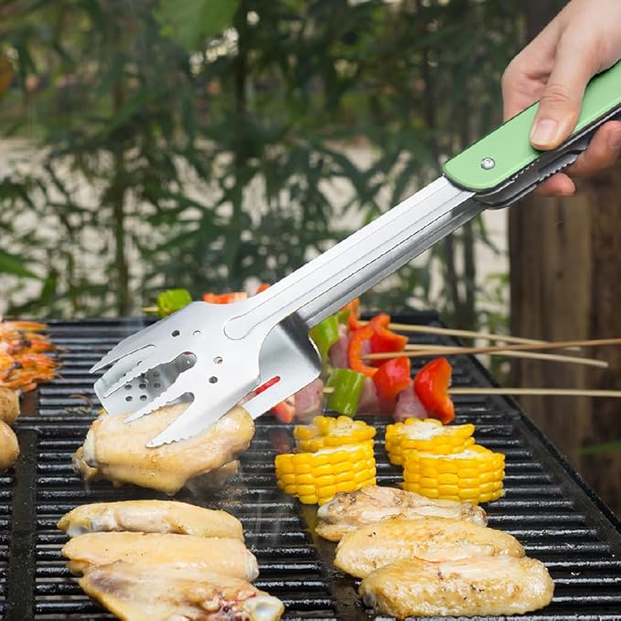 ROXON S601 14" 6 in 1 MBT3 Folding Grill Utensils Set Fork Spatula Grilling Knife Tongs Opener for Backyard Barbecue and Camping(Green)
