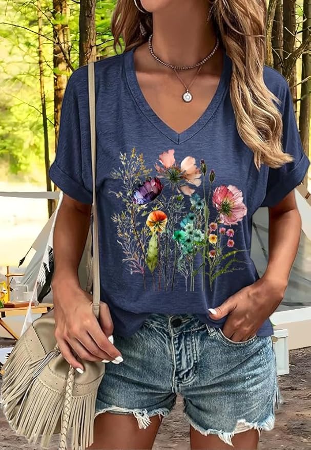 Graphic V Neck Shirt for Women Boho Floral Wildflowers Tee Casual Cottagecore Summer T-Shirt Blouse