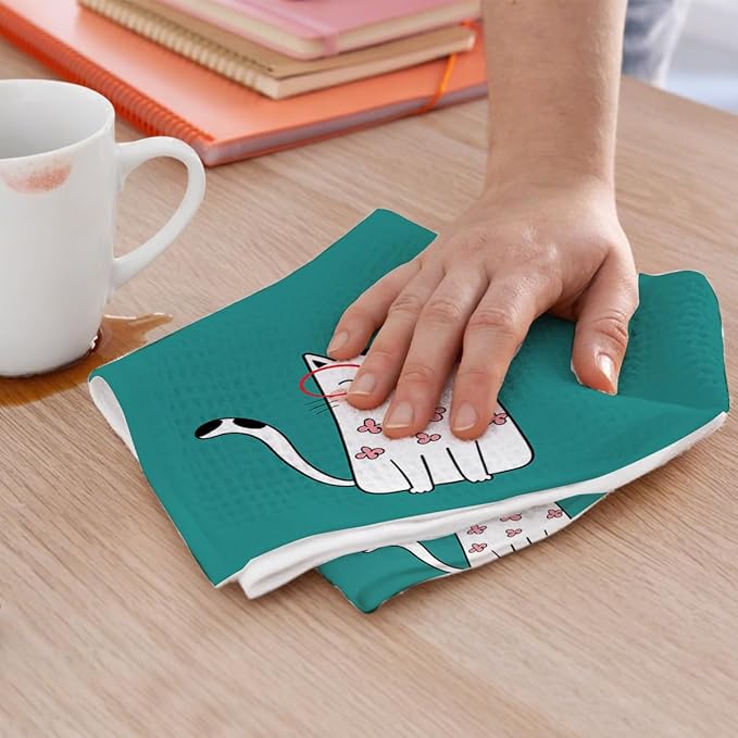 2PCS Cute Cat Kitchen Towels, Cat Themed Gifts Reusable Absorbent Waffle Weave Dish Tea Towels for Cleaning Cooking Baking, Cats Lovers Gifts for Women Microfiber Kitchen Towel, Housewarming Gift