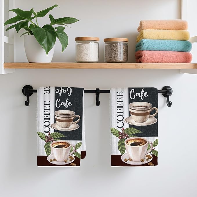 2PCS Coffee Kitchen Towels, Funny Farmhouse Rustic Reusable Absorbent Waffle Weave Dish Tea Towels for Cleaning, Microfiber Kitchen Towel for Coffee Bar Decor Housewarming Farmhouse Gift-2