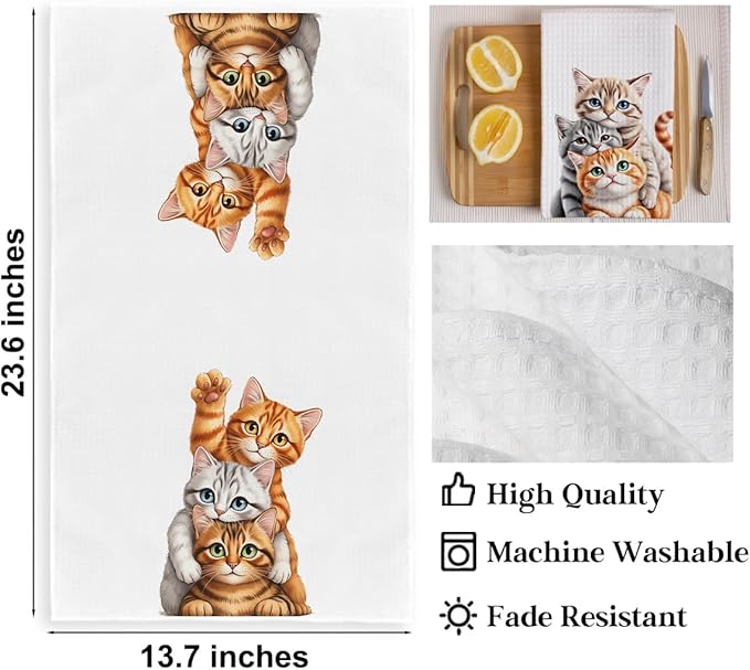 2PCS Cute Cat Kitchen Towels, Cat Themed Gifts Reusable Absorbent Waffle Weave Dish Tea Towels for Cleaning Cooking Baking, Cats Lovers Gifts for Women Microfiber Kitchen Towel, Housewarming Gift-1