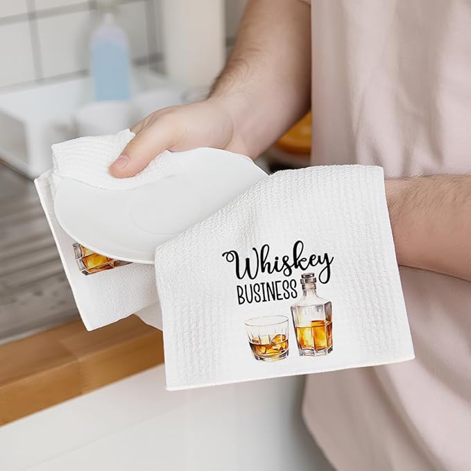 2Pcs Funny Kitchen Towels 24x14 Inch, Beer Whiskey Alcohol Decor Waffle Weave Hand Towels for Kitchen Bar, White Absorbent Microfiber Dish Cloth Tea Towel Housewarming Gifts for Women Hostess