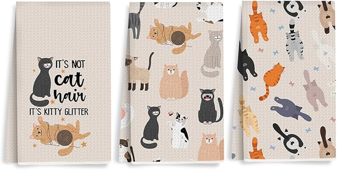 3PCS Cute Cat Kitchen Towels, Cat Themed Gifts Reusable Absorbent Waffle Weave Dish Tea Towels for Cleaning Cooking Baking, Cats Lovers Gifts for Women Microfiber Kitchen Towel, Housewarming Gift-3