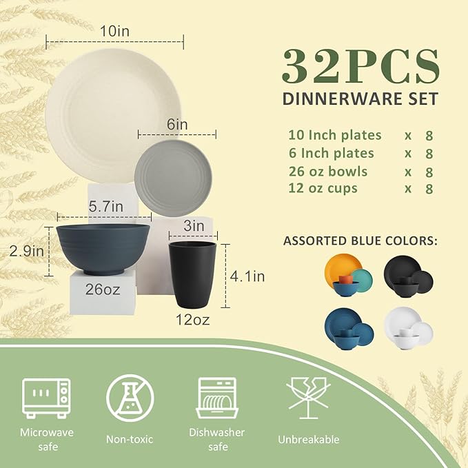 Wrova 32-Piece Wheat Straw Dinnerware Sets for 8, Dishwasher Safe Unbreakable Kitchen Bowls and Plates Sets with Cups, Alternative to Plastic Dish Sets for Camping, Dorm, R.V. Black & Grey