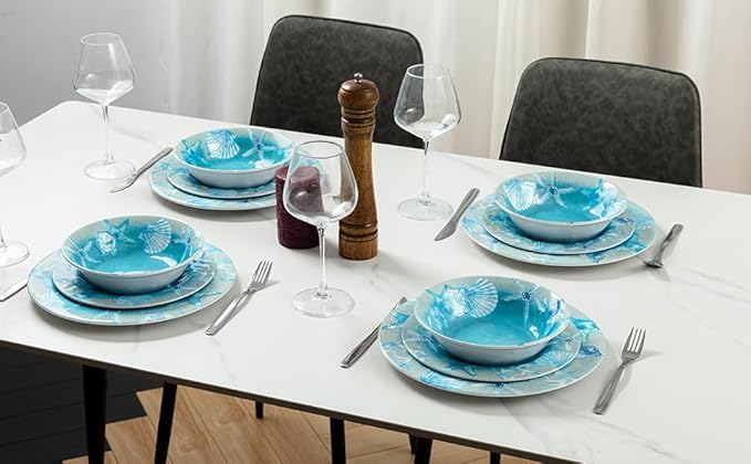 12 PCS Melamine Dinnerware set, Unbreakable Coastal Plates and Bowls Set, Lightweight Chip Resistant Oceanic Dishes Set, Service for 4, Great for Camper, RV, Indoors Outdoors Use