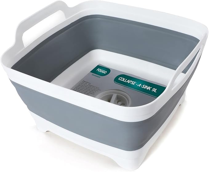 FOSJGO Collapsible Dish Basin with Drain Plug, 2.4 Gal (9L) Space-Saving Foldable Sink, Wash Basin for Kitchen, Baby Bottles, Vegetable Washing, Camping, RV and Party Beverage Tubs