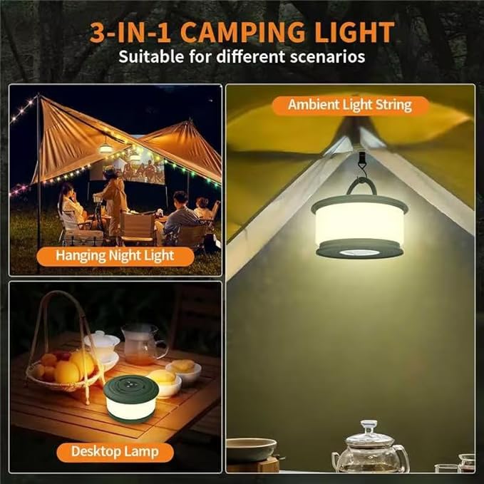 TOHETO Camping String Lights, 3 in 1 Upgraded Retractable RGB Outdoor String Lights with 19 Lighting Modes, Quick 30s Recovery, 32.8 FT Portable Tent Lights, Rechargeable Camping Lantern (Green)