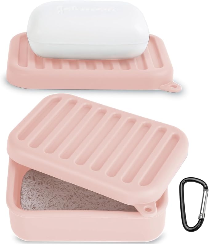Silicone Travel Soap Case, Leak-Proof Bar Soap Container with Drain Tray, Portable Travel Soap Dish with Lid for Hiking, Gym, Camping, PortableToiletries Accessories (Pink)